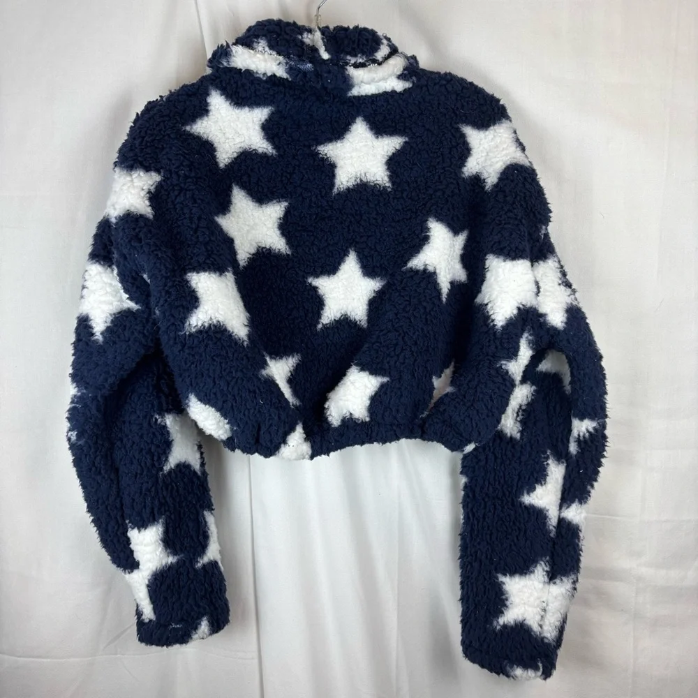 Handmade Cropped Fuzzy Navy Star 1 Button Jacket Elastic Waist and Cuffs - Picture 3 of 11